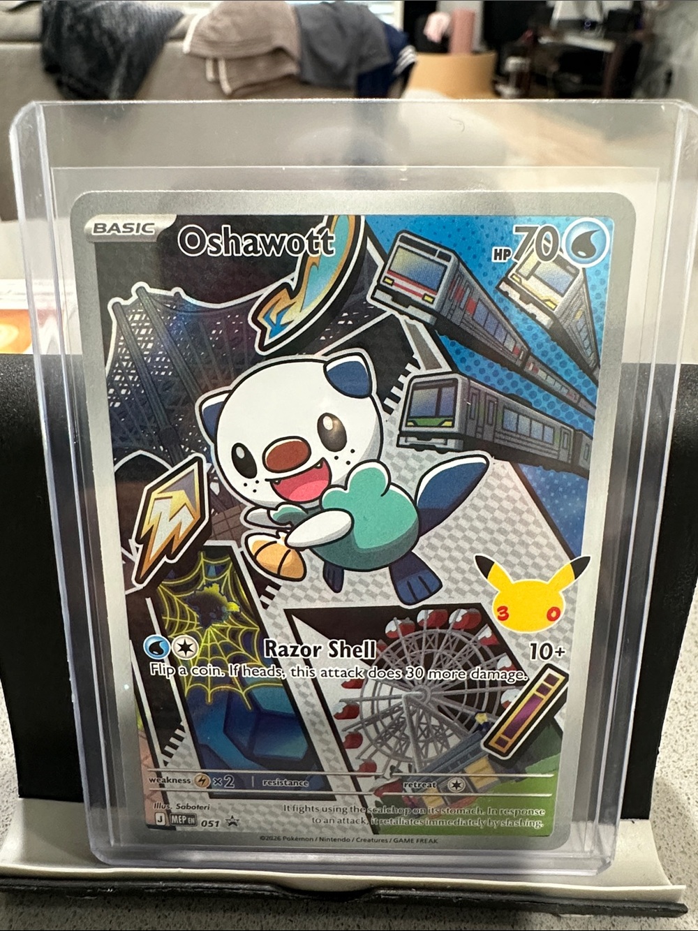 Pokemon Oshawott Holographic Card - Blue, White, Teal